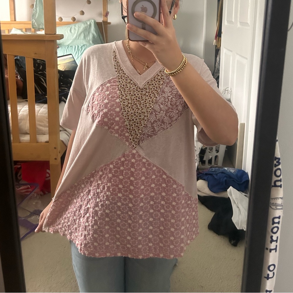 Boho Chic Pink And Cream Patchwork Top - image 1